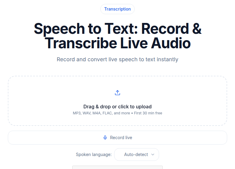 CATT speech-to-text tool interface showing audio upload and transcript output
