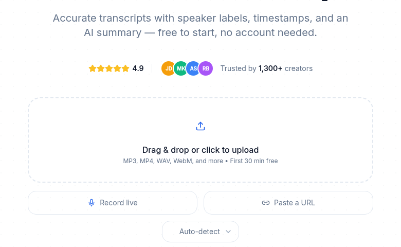 The ConvertAudioToText uploader: drag and drop a file, record live, or paste a URL, with the first 30 minutes free