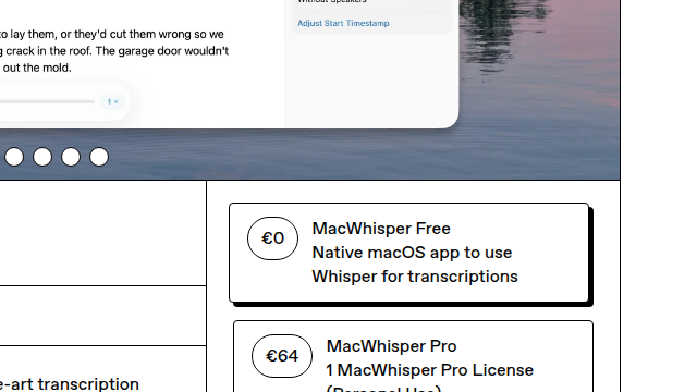 The MacWhisper page, checked July 2, 2026: free tier plus a one-time Pro license at 44 EUR