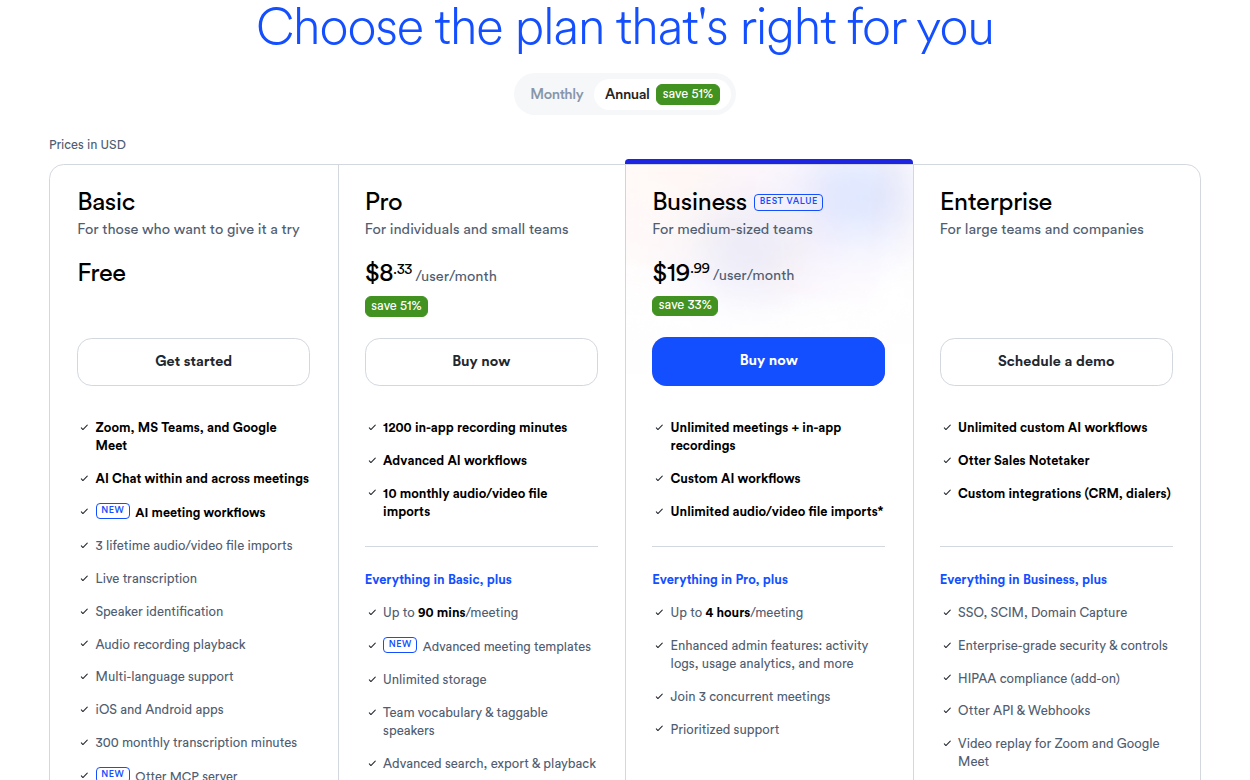 Otter's pricing page, checked July 2, 2026: the free Basic plan's 300 monthly minutes and 3 lifetime file imports are stated in the plan column