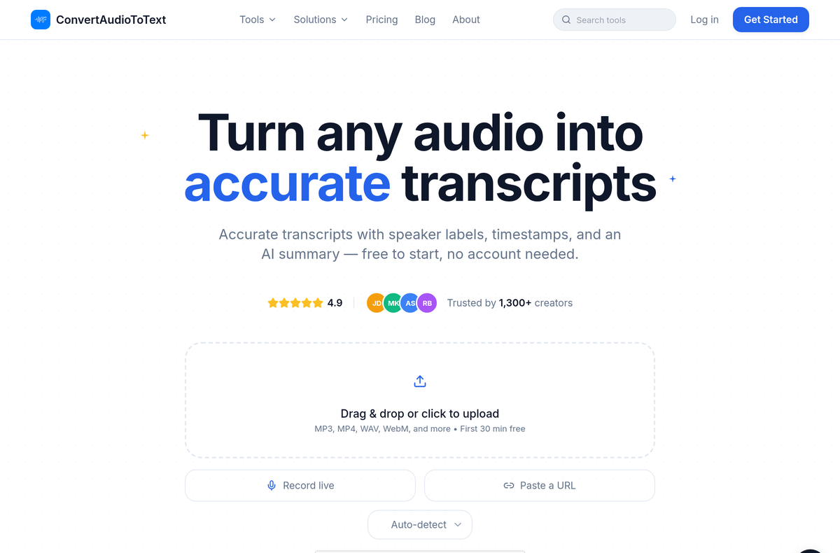 Uploading an interview recording to ConvertAudioToText: drag and drop a file, record live, or paste a URL. The first 30 minutes are free with no account.